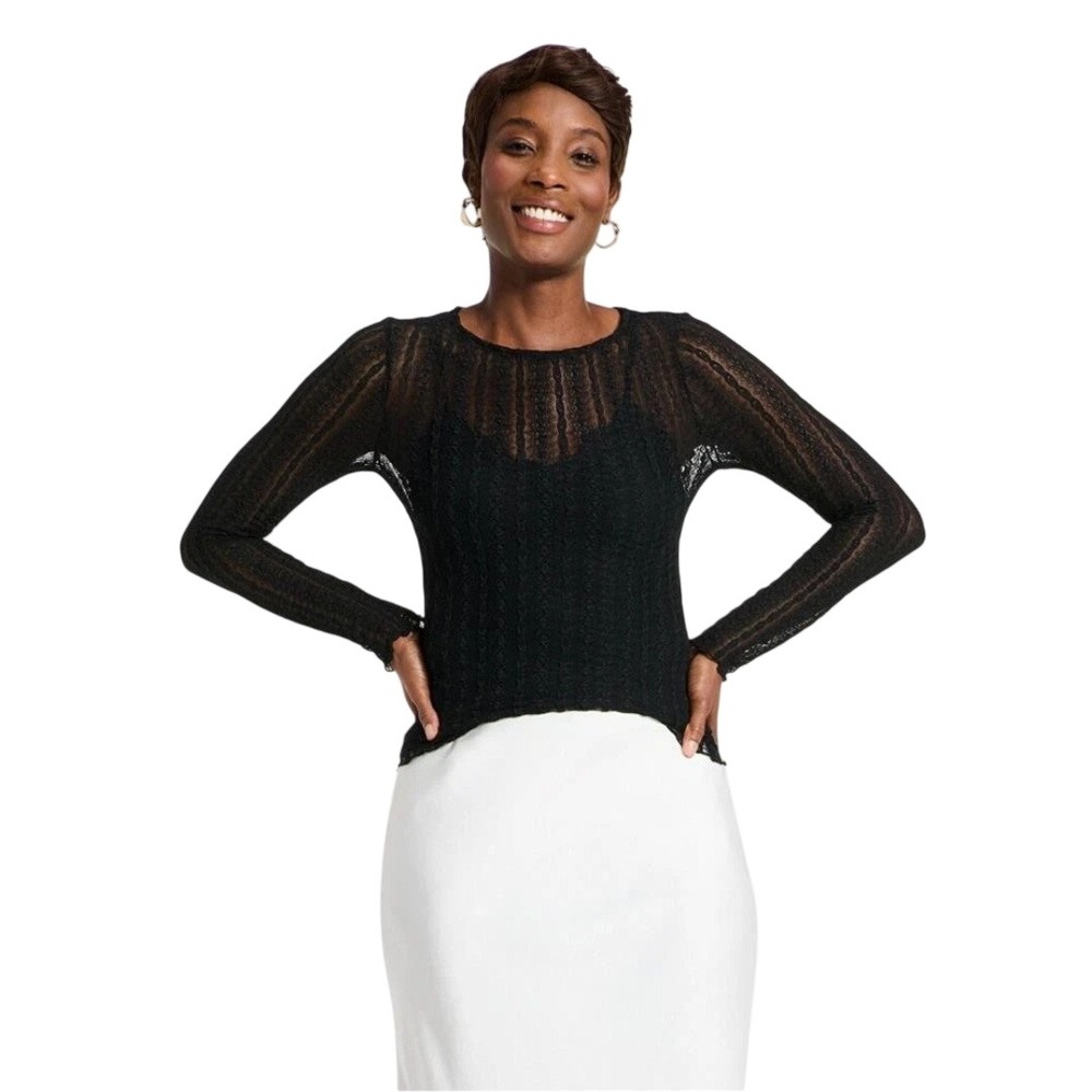 A New Day Women's Black Sheer Lace Long Sleeve Top Size Medium